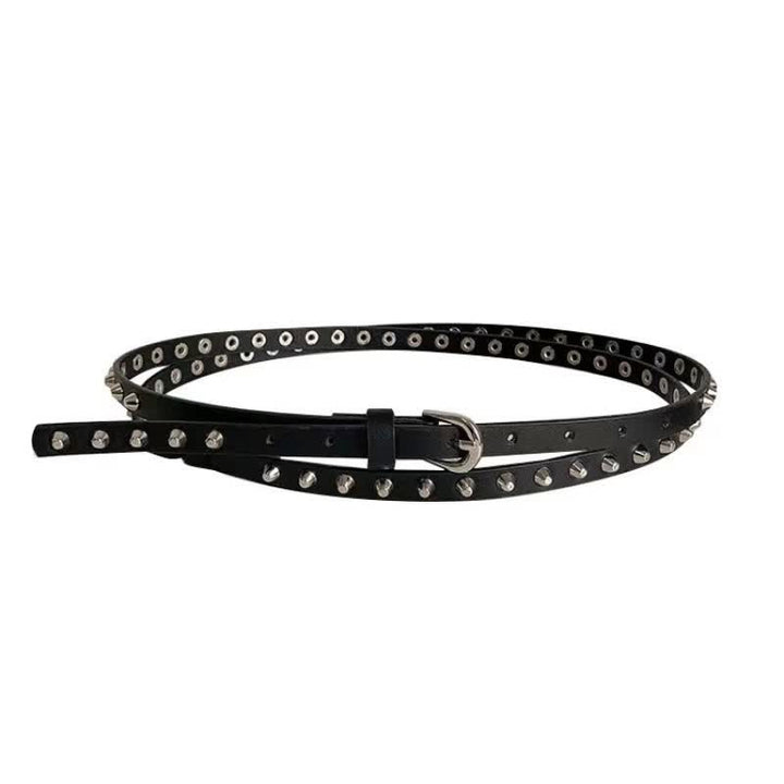Schwarzer, extra langer, doppellagiger, lässiger Punk-Nieten-Ledergürtel für Damen