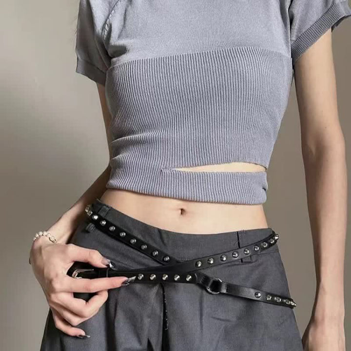 Schwarzer, extra langer, doppellagiger, lässiger Punk-Nieten-Ledergürtel für Damen