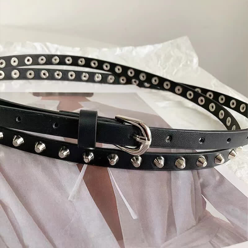 Schwarzer, extra langer, doppellagiger, lässiger Punk-Nieten-Ledergürtel für Damen