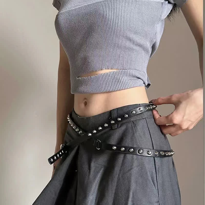 Schwarzer, extra langer, doppellagiger, lässiger Punk-Nieten-Ledergürtel für Damen