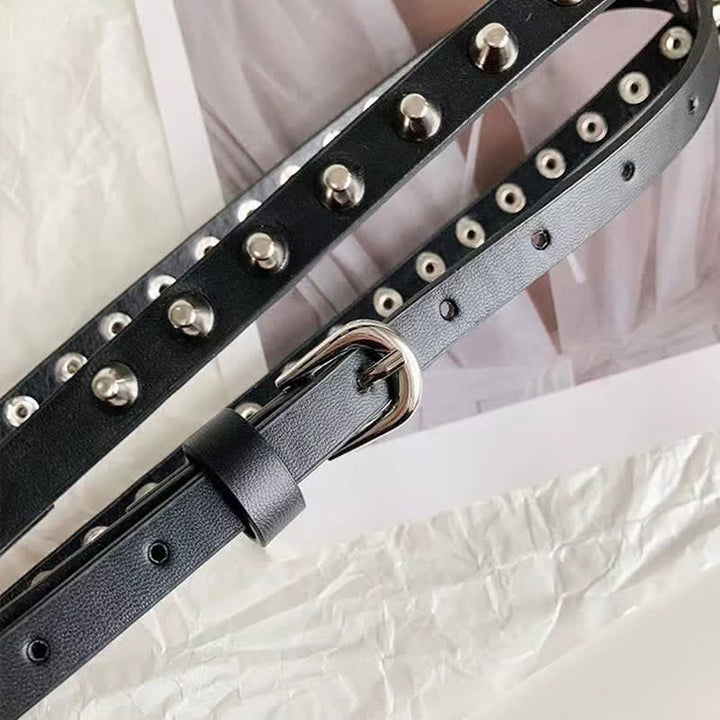 Schwarzer, extra langer, doppellagiger, lässiger Punk-Nieten-Ledergürtel für Damen