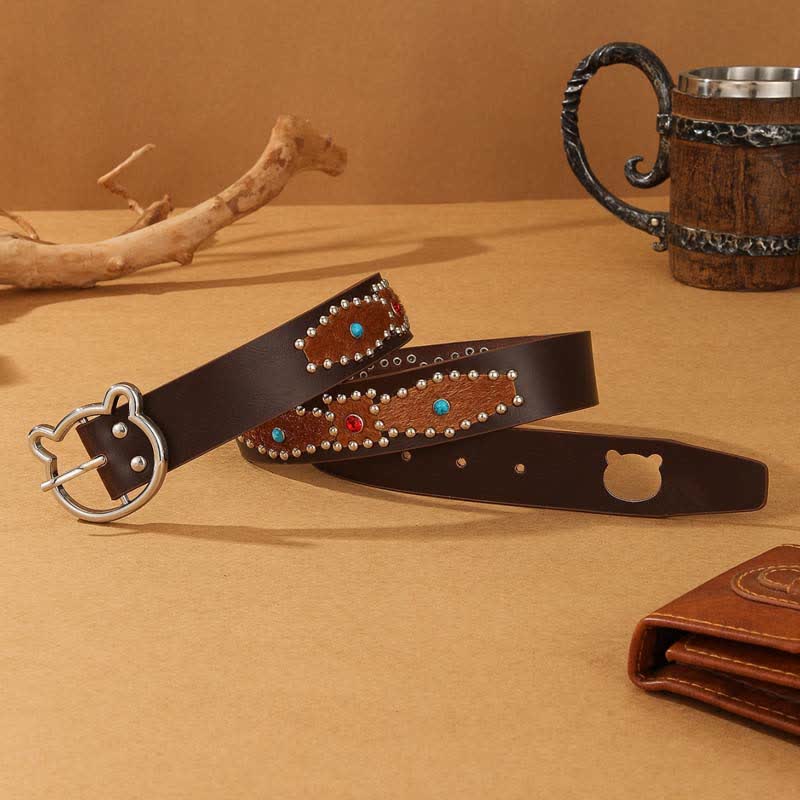 Damengürtel aus Leder mit süßer Bärenschnalle und Patchwork-Böhmennieten