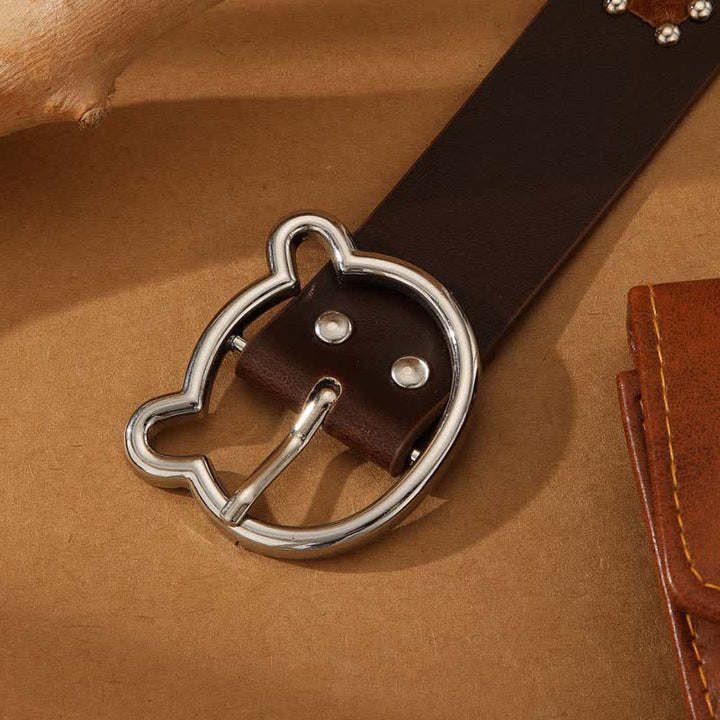 Damengürtel aus Leder mit süßer Bärenschnalle und Patchwork-Böhmennieten