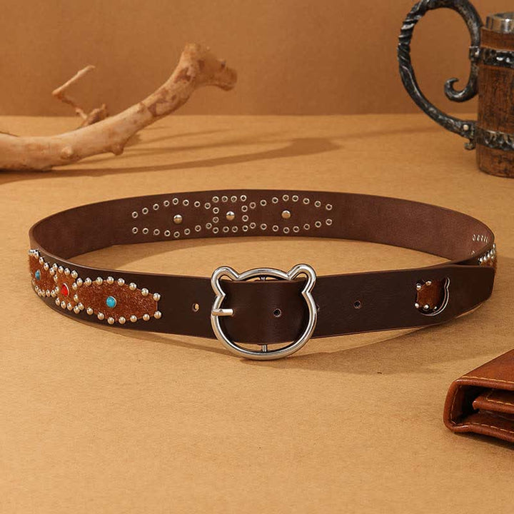 Damengürtel aus Leder mit süßer Bärenschnalle und Patchwork-Böhmennieten