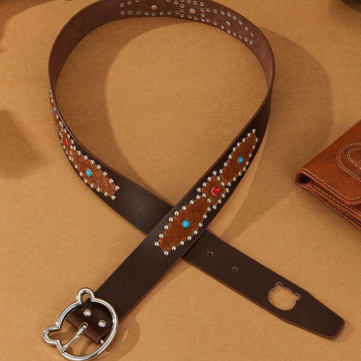 Damengürtel aus Leder mit süßer Bärenschnalle und Patchwork-Böhmennieten