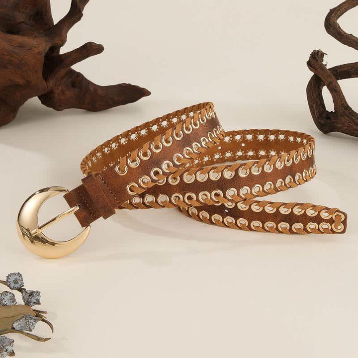 Damengürtel aus Leder mit runder Schnalle im Retro-Stil mit Seileinfädelung in Gold
