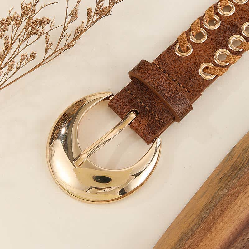 Damengürtel aus Leder mit runder Schnalle im Retro-Stil mit Seileinfädelung in Gold