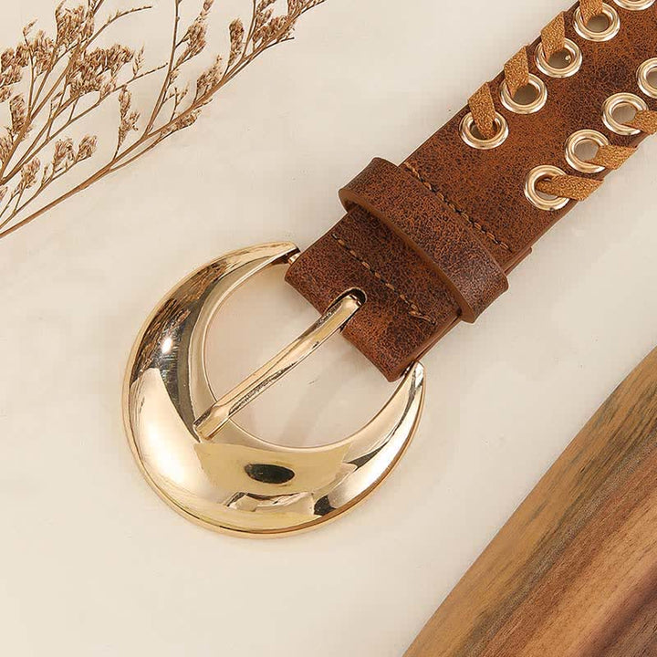 Damengürtel aus Leder mit runder Schnalle im Retro-Stil mit Seileinfädelung in Gold