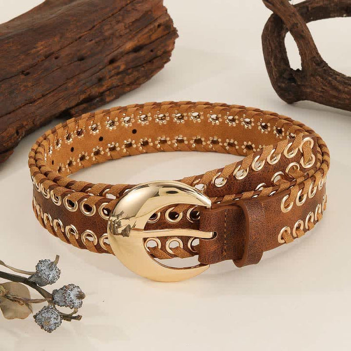 Damengürtel aus Leder mit runder Schnalle im Retro-Stil mit Seileinfädelung in Gold