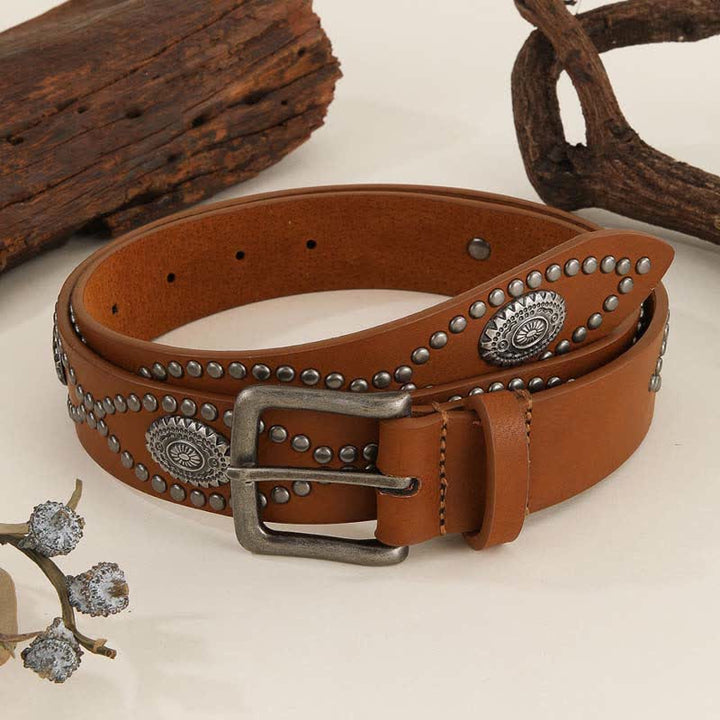 Damen-Ledergürtel im Western-Stil mit antiken silbernen Nietenakzenten