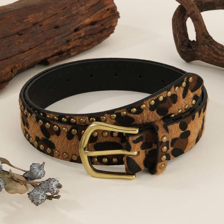 Damen-Ledergürtel mit Leopardenmuster und Vintage-Nieten