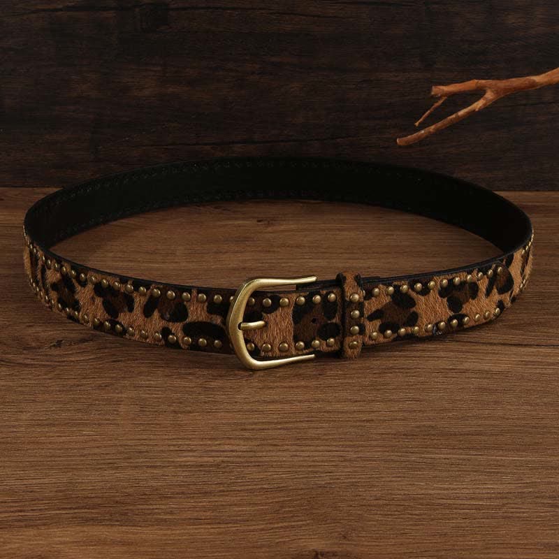 Damen-Ledergürtel mit Leopardenmuster und Vintage-Nieten