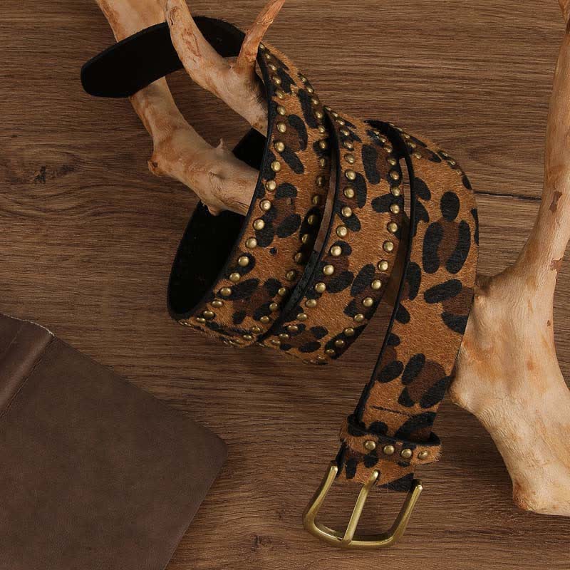 Damen-Ledergürtel mit Leopardenmuster und Vintage-Nieten