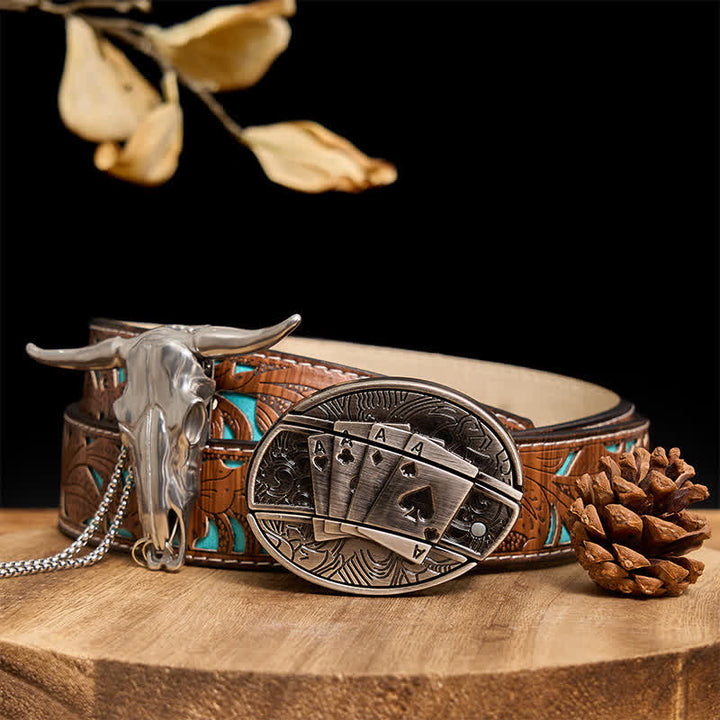 Western Gadget DIY Versteckte Messerschnalle Longhorn Bull Anhänger Bundle Set - Poker - Türkisfarbener geschnitzter Gürtel - 40 - image 52