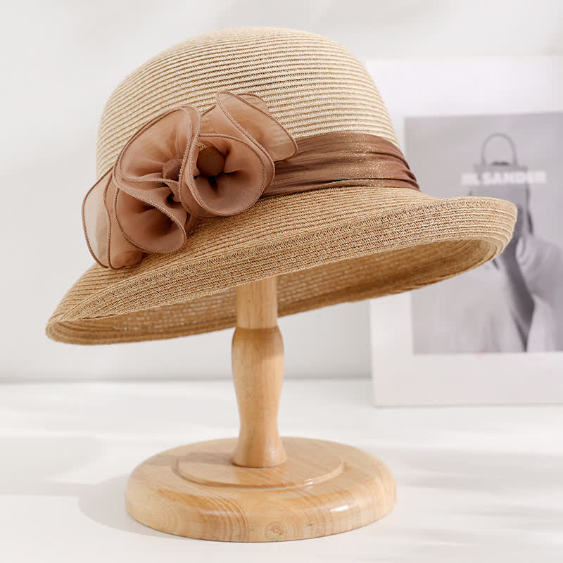 Wunderschöner Strohhut mit faltigem Blumenband für Damen - Khaki - Verstellbar (20 7/8"-22 1/2") - image 0