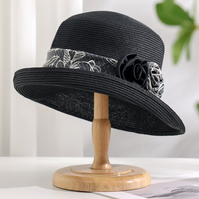 Damen Sommer Strohhut mit doppelten Blumen und Netzgaze und Rollkrempe