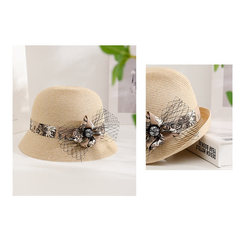 Eleganter Sommer-Strohhut im römischen Stil für Damen mit Blumendekor