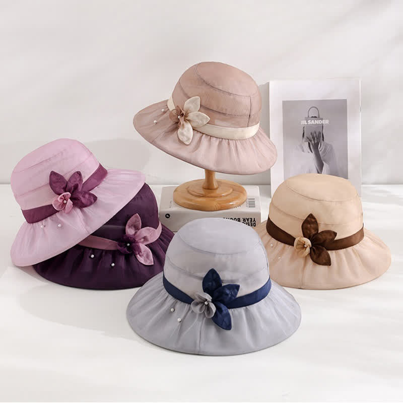 Damen-Sonnenhut aus Seide mit Perlenverzierung und Blumenmuster und breiter Krempe