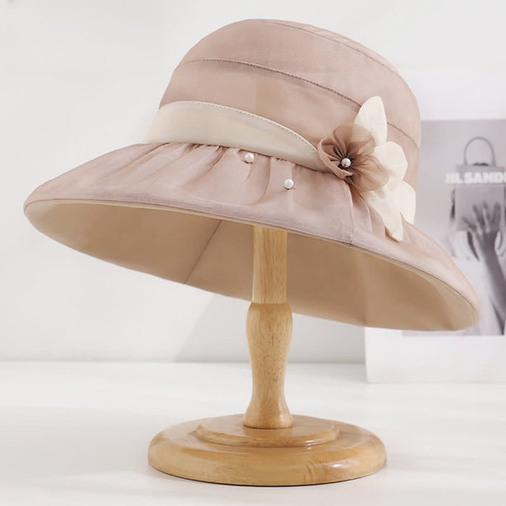 Damen-Sonnenhut aus Seide mit Perlenverzierung und Blumenmuster und breiter Krempe