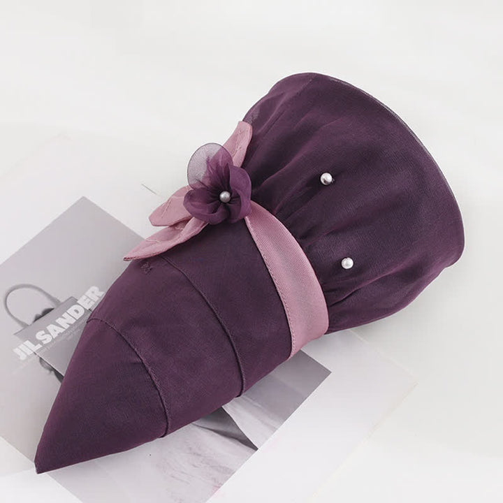 Damen-Sonnenhut aus Seide mit Perlenverzierung und Blumenmuster und breiter Krempe