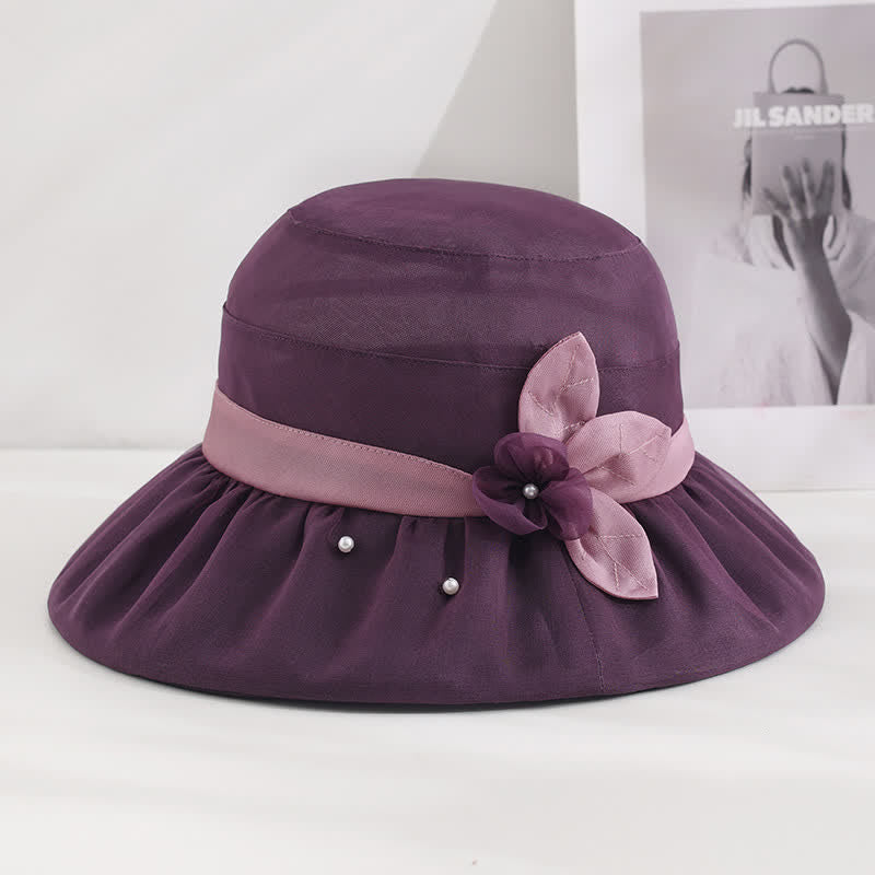 Damen-Sonnenhut aus Seide mit Perlenverzierung und Blumenmuster und breiter Krempe