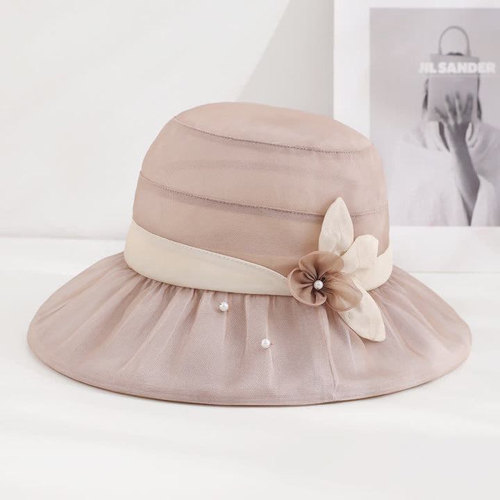 Damen-Sonnenhut aus Seide mit Perlenverzierung und Blumenmuster und breiter Krempe