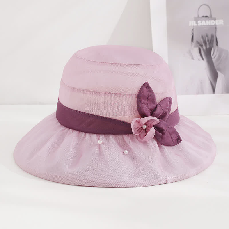 Damen-Sonnenhut aus Seide mit Perlenverzierung und Blumenmuster und breiter Krempe