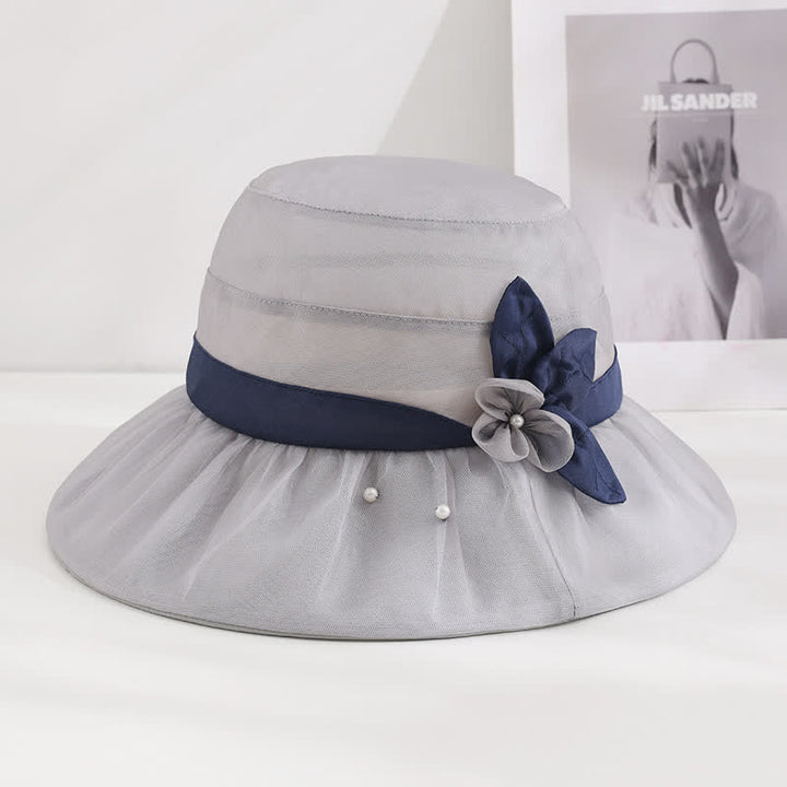 Damen-Sonnenhut aus Seide mit Perlenverzierung und Blumenmuster und breiter Krempe