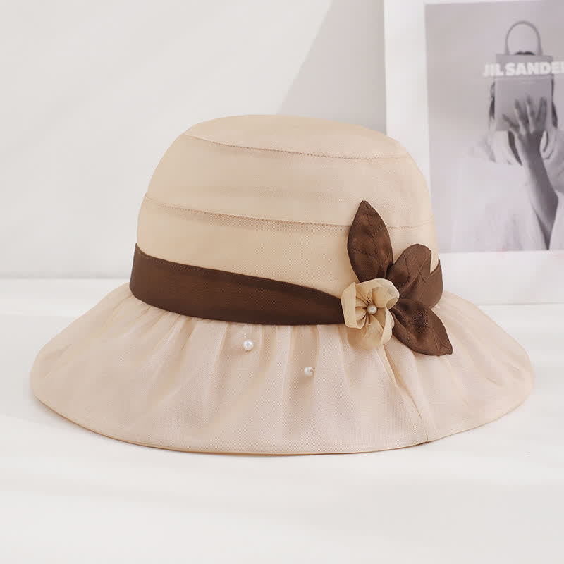 Damen-Sonnenhut aus Seide mit Perlenverzierung und Blumenmuster und breiter Krempe