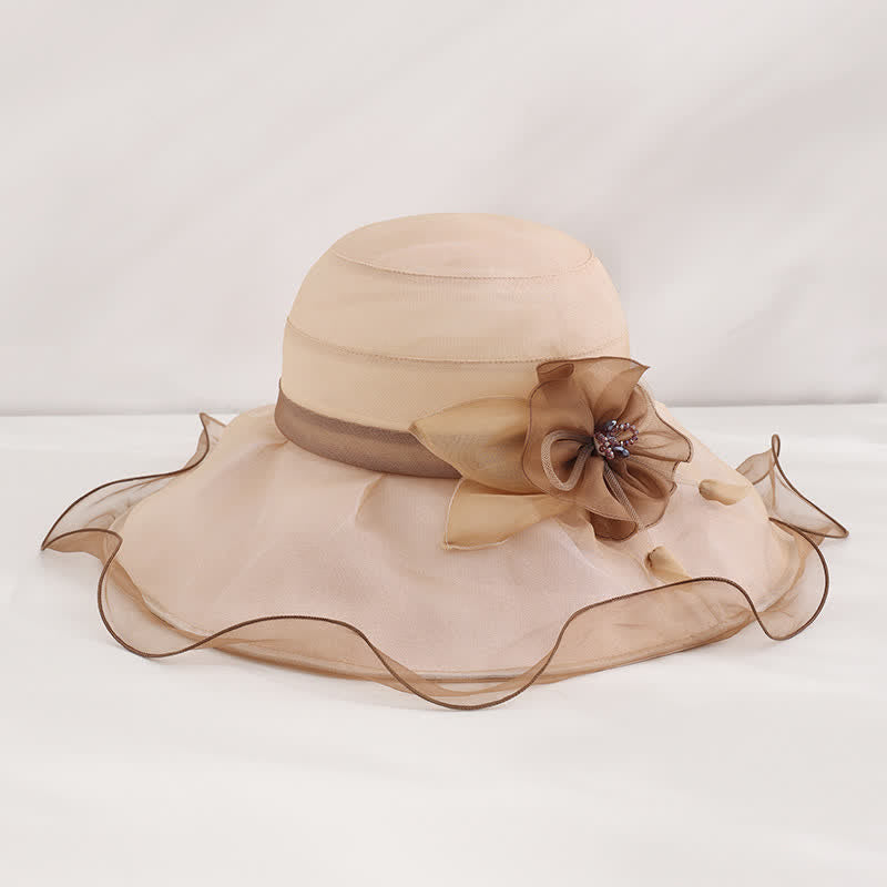 Damen Sonnenhut mit Blumenmuster, breite, gewellte Krempe, für Urlaub und Strand, faltbar, aus Seide