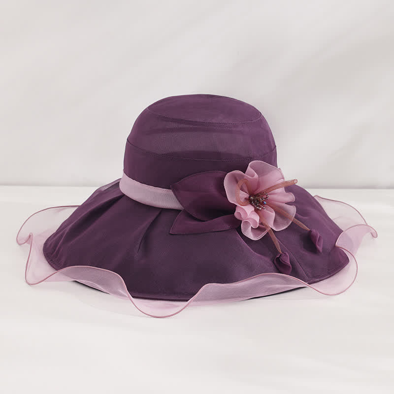 Damen Sonnenhut mit Blumenmuster, breite, gewellte Krempe, für Urlaub und Strand, faltbar, aus Seide