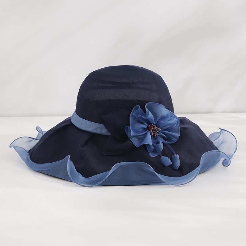 Damen Sonnenhut mit Blumenmuster, breite, gewellte Krempe, für Urlaub und Strand, faltbar, aus Seide