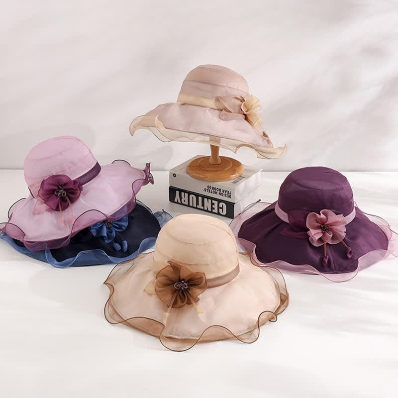 Damen Sonnenhut mit Blumenmuster, breite, gewellte Krempe, für Urlaub und Strand, faltbar, aus Seide