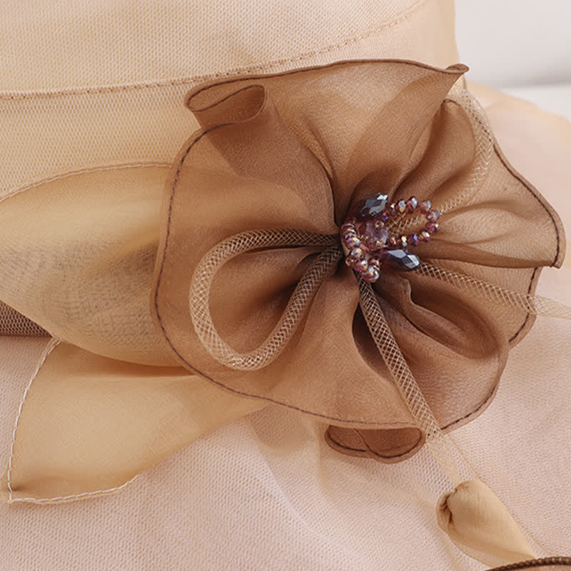 Damen Sonnenhut mit Blumenmuster, breite, gewellte Krempe, für Urlaub und Strand, faltbar, aus Seide
