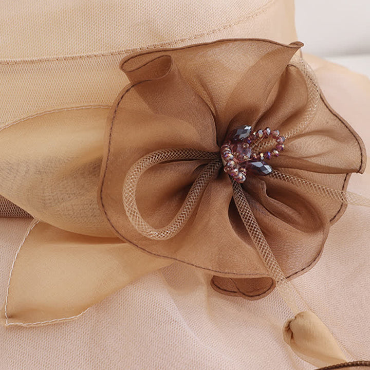 Damen Sonnenhut mit Blumenmuster, breite, gewellte Krempe, für Urlaub und Strand, faltbar, aus Seide