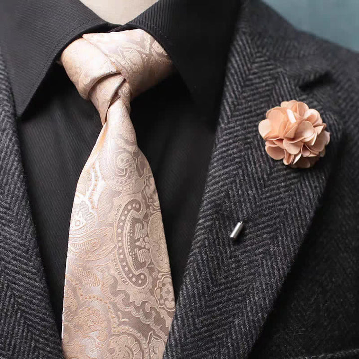 2-teiliges Herren-Krawatten-Corsagen-Set mit breiten Paisley-Motiven in Champagner