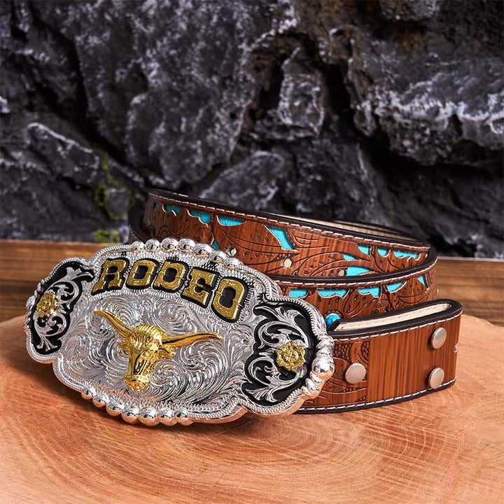 Rodeo DIY Ledergürtel mit großer Bullenkopf-Schnalle in Silber und Gold - Gebet - Türkisfarbener geschnitzter Gürtel - 42 - image 5