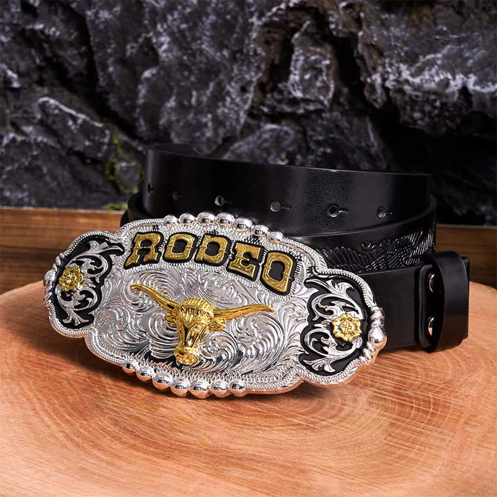 Rodeo DIY Ledergürtel mit großer Bullenkopf-Schnalle in Silber und Gold - Gebet - Schwarzer Gürtel mit geprägtem Adler - 42 - image 4