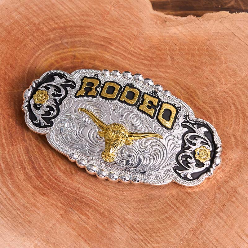 Rodeo DIY Ledergürtel mit großer Bullenkopf-Schnalle in Silber und Gold - image 2