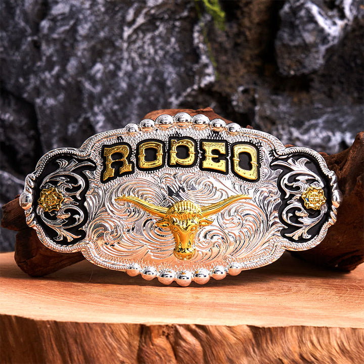 Rodeo DIY Ledergürtel mit großer Bullenkopf-Schnalle in Silber und Gold - Gebet - Ohne Gürtel - Nicht im Lieferumfang enthaltener Gürtel - image 1