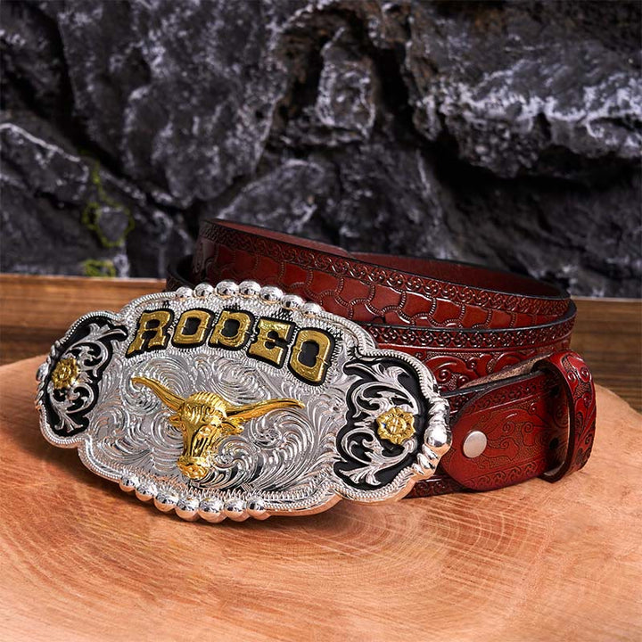 Rodeo DIY Ledergürtel mit großer Bullenkopf-Schnalle in Silber und Gold - Gebet - Brauner geschnitzter Gürtel - 42 - image 8
