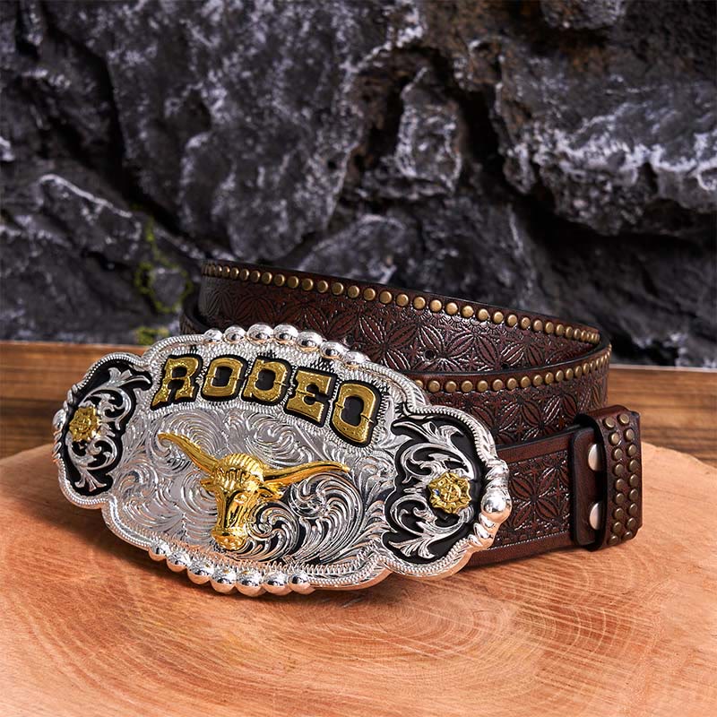 Rodeo DIY Ledergürtel mit großer Bullenkopf-Schnalle in Silber und Gold - Gebet - Brauner Nietengürtel - 42 - image 6