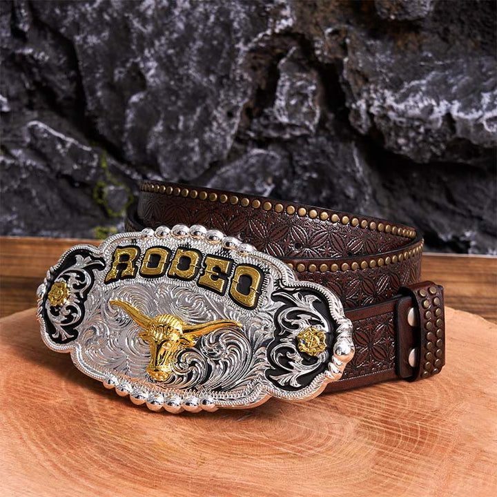 Rodeo DIY Ledergürtel mit großer Bullenkopf-Schnalle in Silber und Gold - Gebet - Brauner Nietengürtel - 42 - image 6