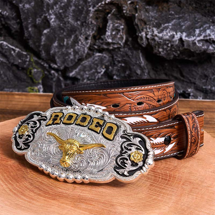 Rodeo DIY Ledergürtel mit großer Bullenkopf-Schnalle in Silber und Gold - Gebet - Brauner Federgürtel - 40 - image 9
