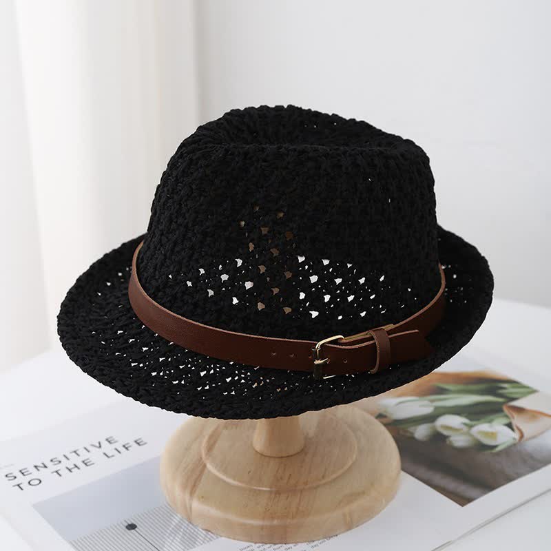 Klassischer Fedora-Hut aus Stroh im britischen Stil mit Lederriemen für Herren