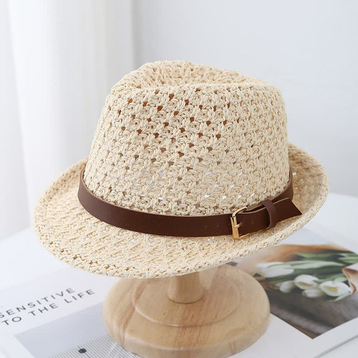 Klassischer Fedora-Hut aus Stroh im britischen Stil mit Lederriemen für Herren