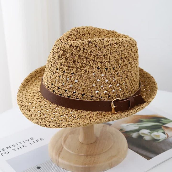 Klassischer Fedora-Hut aus Stroh im britischen Stil mit Lederriemen für Herren