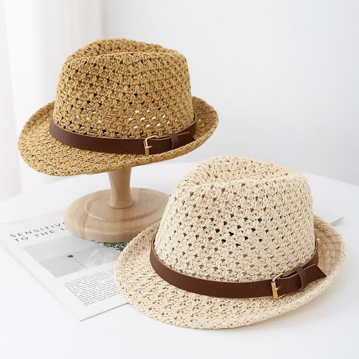 Klassischer Fedora-Hut aus Stroh im britischen Stil mit Lederriemen für Herren