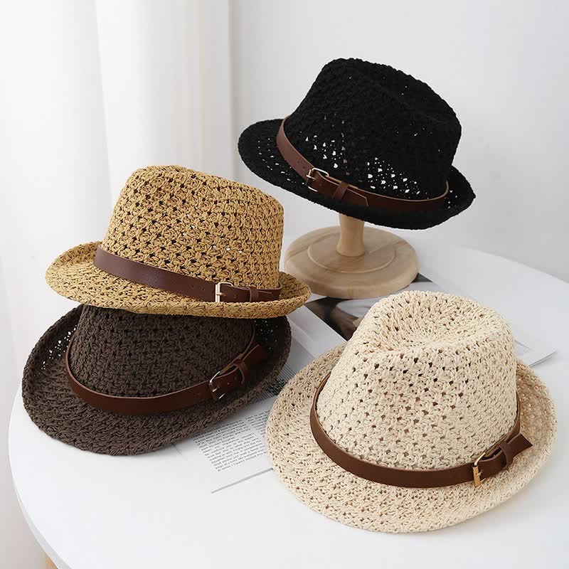 Klassischer Fedora-Hut aus Stroh im britischen Stil mit Lederriemen für Herren