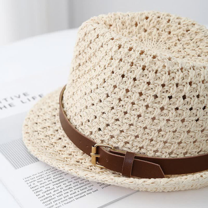 Klassischer Fedora-Hut aus Stroh im britischen Stil mit Lederriemen für Herren